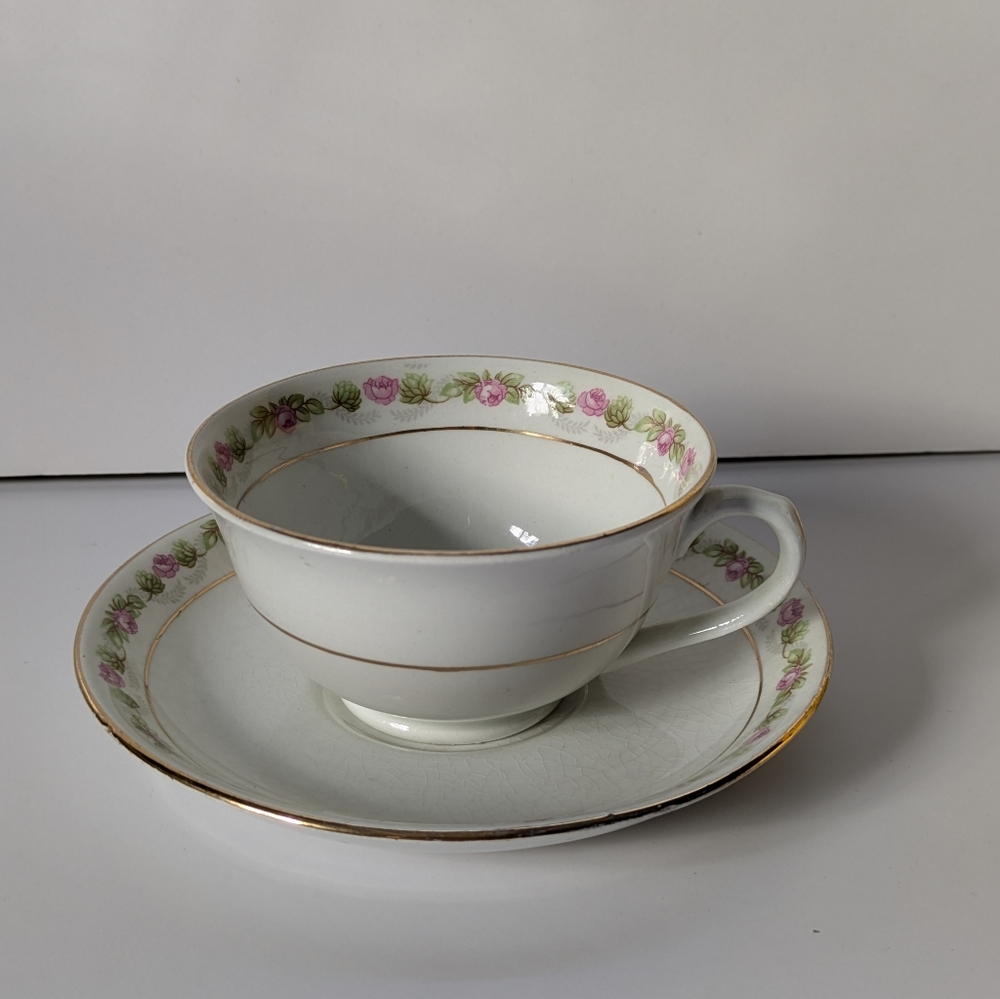 Antique Teacup Imperial Porcelain Wedgwood England Pink Rosettes Cup & Saucer - Picture 13 of 14